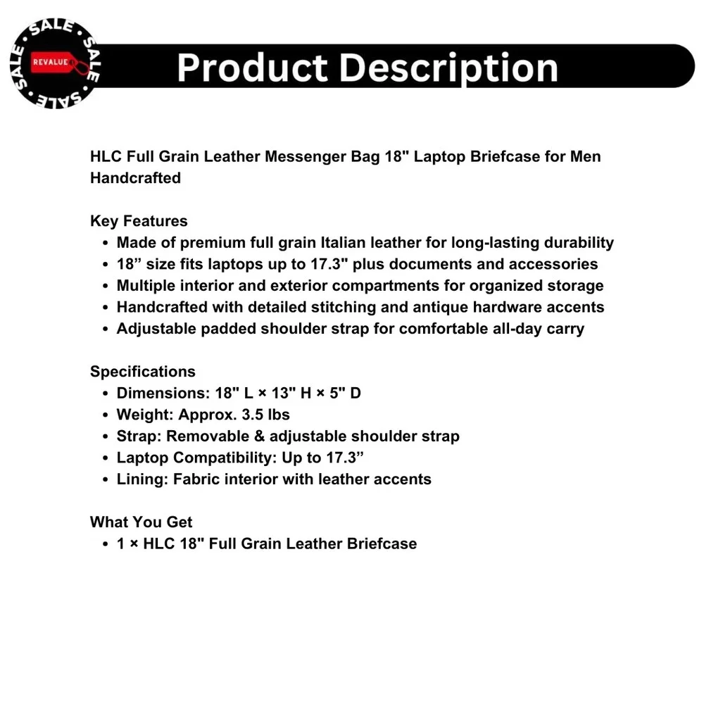 HLC Full Grain Leather Messenger Bag 18